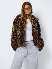 NOISY MAY Brown Leopard Print Faux Fur Jacket - Image 1 of 4