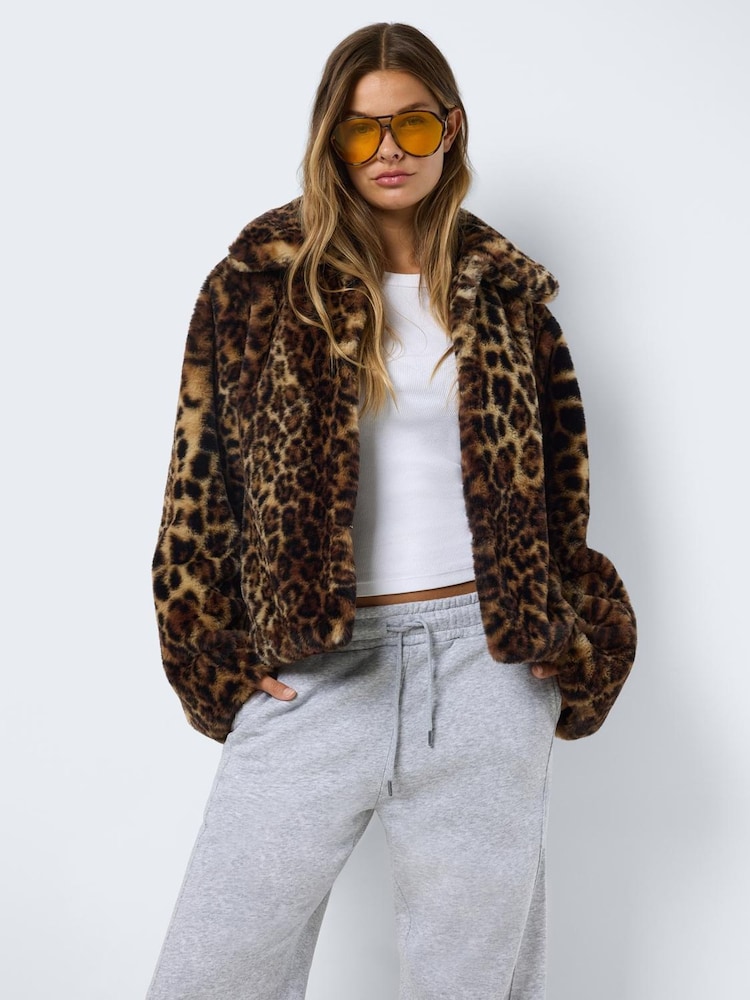 NOISY MAY Brown Leopard Print Faux Fur Jacket - Image 1 of 4