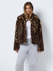 NOISY MAY Brown Leopard Print Faux Fur Jacket - Image 2 of 4