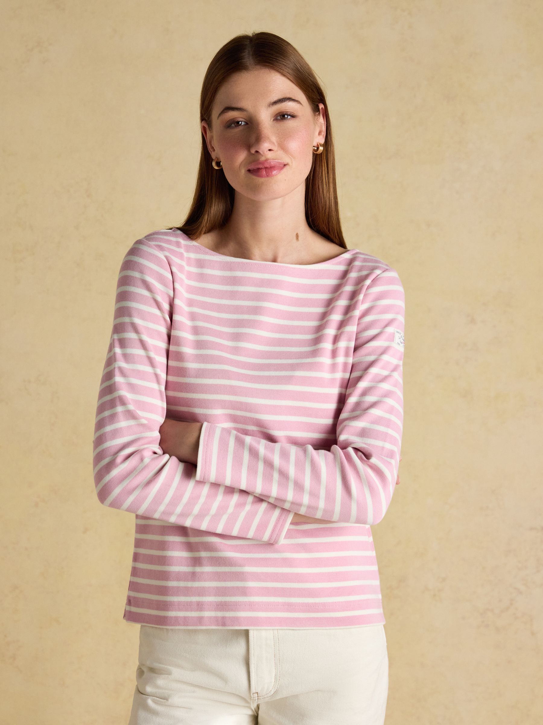 Joules Women's Pink Harbour Long Sleeve Striped Boat Neck Breton Top