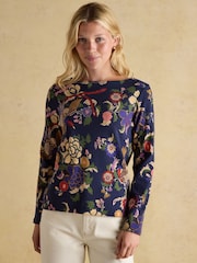 Joules Harbour Navy Bird Floral Boat Neck Printed Top - Image 1 of 8