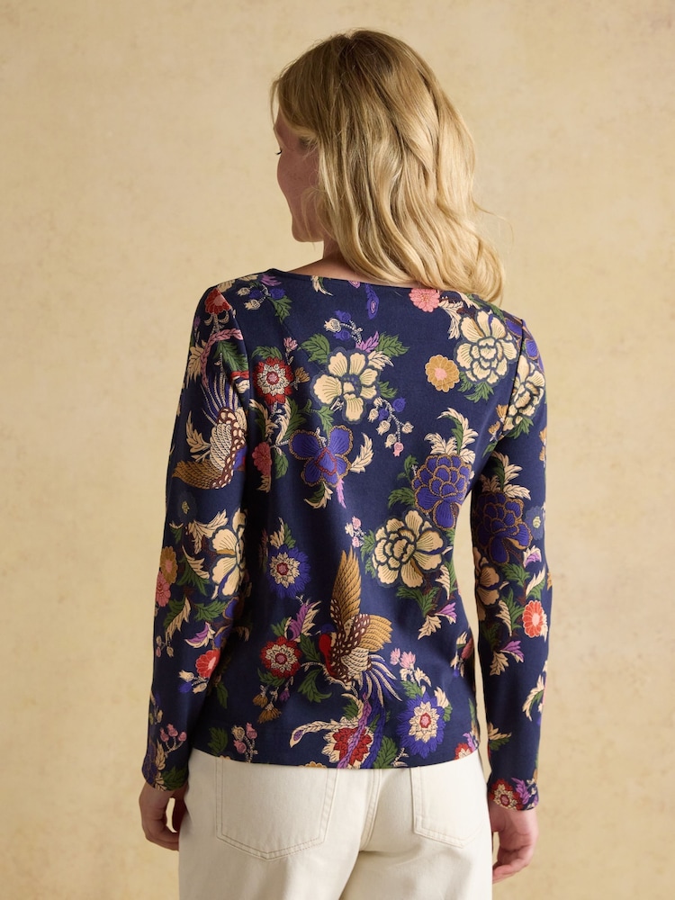 Joules Harbour Navy Bird Floral Boat Neck Printed Top - Image 2 of 8