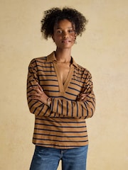 Joules Tallie Tan/Navy Combed Cotton Slub Collared Top - Image 1 of 8