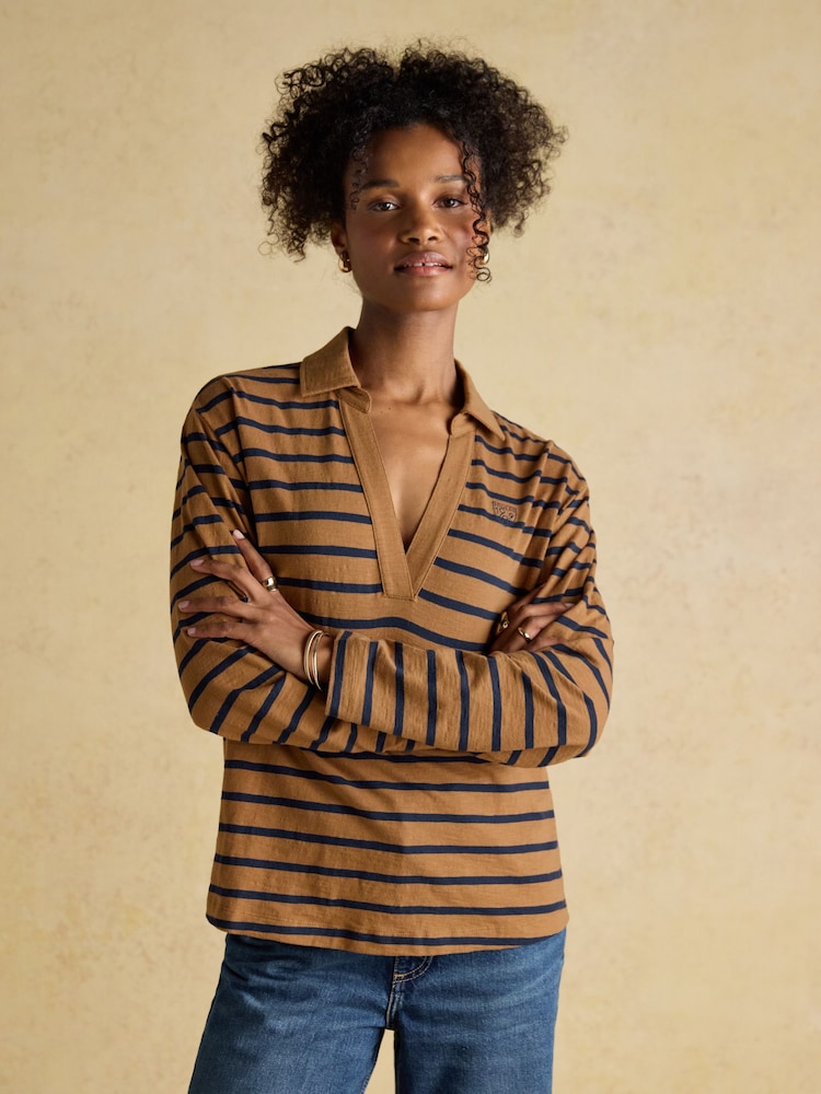 Joules Tallie Tan/Navy Combed Cotton Slub Collared Top - Image 1 of 8 Joules Tallie Tan/Navy Combed Cotton Slub Collared Top - Image 1 of 8
