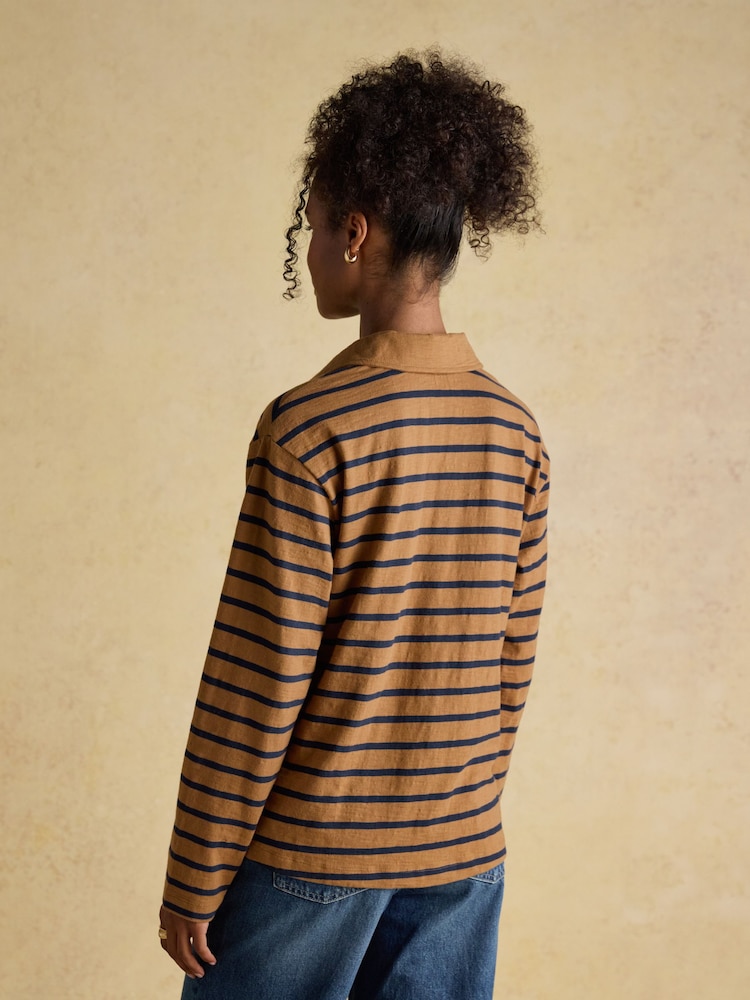 Joules Tallie Tan/Navy Combed Cotton Slub Collared Top - Image 2 of 8 Joules Tallie Tan/Navy Combed Cotton Slub Collared Top - Image 2 of 8