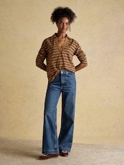Joules Tallie Tan/Navy Combed Cotton Slub Collared Top - Image 3 of 8