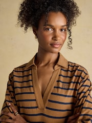 Joules Tallie Tan/Navy Combed Cotton Slub Collared Top - Image 4 of 8