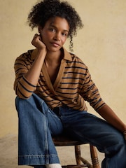 Joules Tallie Tan/Navy Combed Cotton Slub Collared Top - Image 5 of 8