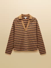 Joules Tallie Tan/Navy Combed Cotton Slub Collared Top - Image 8 of 8