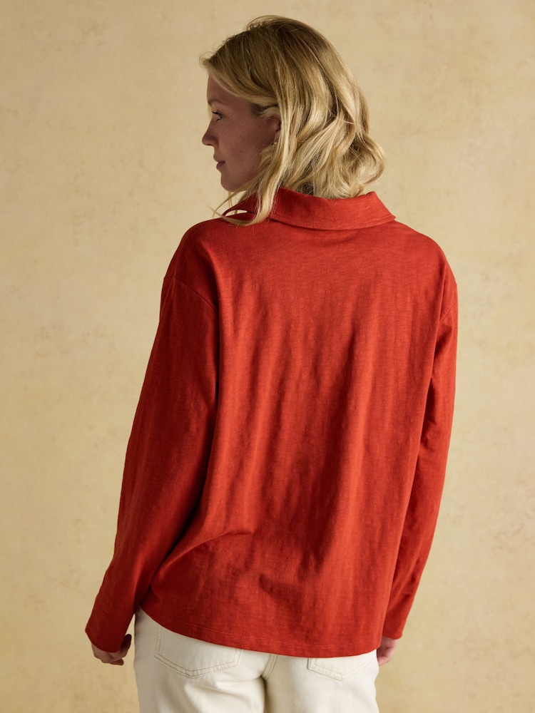 Joules Tallie Burnt Orange Combed Cotton Slub Collared Top - Image 2 of 7 Joules Tallie Burnt Orange Combed Cotton Slub Collared Top - Image 2 of 7