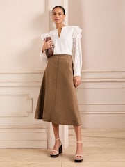 Brown Faux Suede - Love & Roses Fit and Flare Midi Skirt - Image 1 of 4