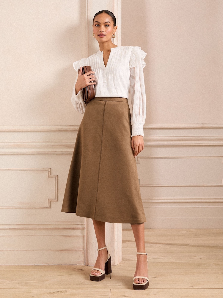 Brown Faux Suede - Love & Roses Fit and Flare Midi Skirt - Image 1 of 4