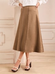Love & Roses Brown Faux Suede Fit and Flare Midi Skirt - Image 1 of 4
