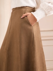 Love & Roses Brown Faux Suede Fit and Flare Midi Skirt - Image 2 of 4