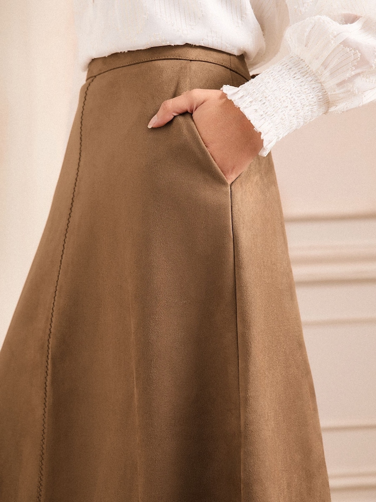 Love & Roses Brown Faux Suede Fit and Flare Midi Skirt - Image 2 of 4