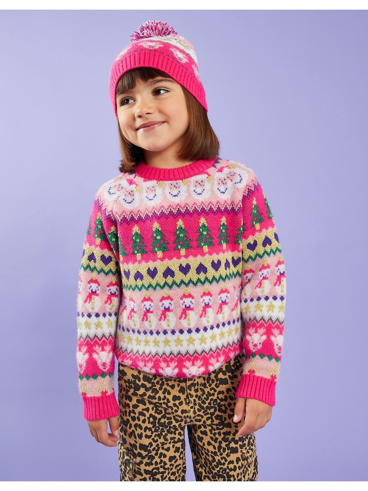 Angels By Accessorize Pink Girls Christmas Fair Isle Pattern Beanie Hat - Image 3 of 3