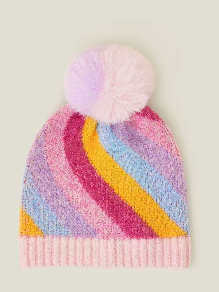 Angels By Accessorize Black Girls Stripe Fluffy Winter Pom Beanie Hat - Image 2 of 3