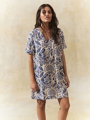 Blue Paisley Print Kaftan Mini Dress with Linen - Image 1 of 8