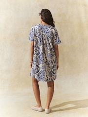 Blue Paisley Print Kaftan Mini Dress with Linen - Image 3 of 8