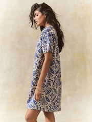 Blue Paisley Print Kaftan Mini Dress with Linen - Image 4 of 8