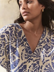 Blue Paisley Print Kaftan Mini Dress with Linen - Image 5 of 8