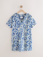 Blue Paisley Print Kaftan Mini Dress with Linen - Image 6 of 8