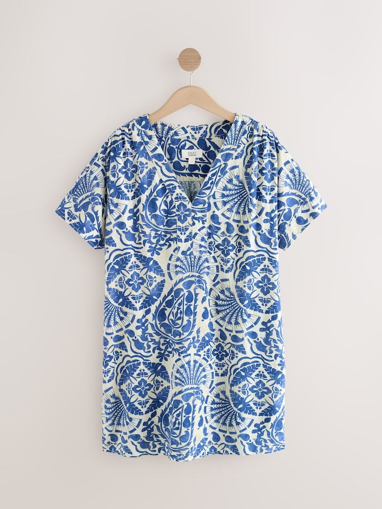 Estampado de cachemir en azul - Vestido mini caftán con lino - Imagen 1 de 1 Estampado de cachemir en azul - Vestido mini caftán con lino - Imagen 1 de 1
