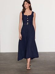 Navy Blue Belted Square Neck Midi Dress - Image 1 of 7