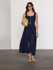 Navy Blue Belted Square Neck Midi Dress - Image 2 of 7