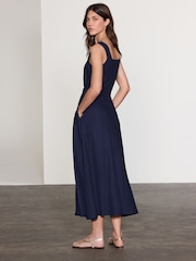 Navy Blue Belted Square Neck Midi Dress - Image 3 of 7