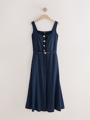 Navy Blue Belted Square Neck Midi Dress - Image 5 of 7