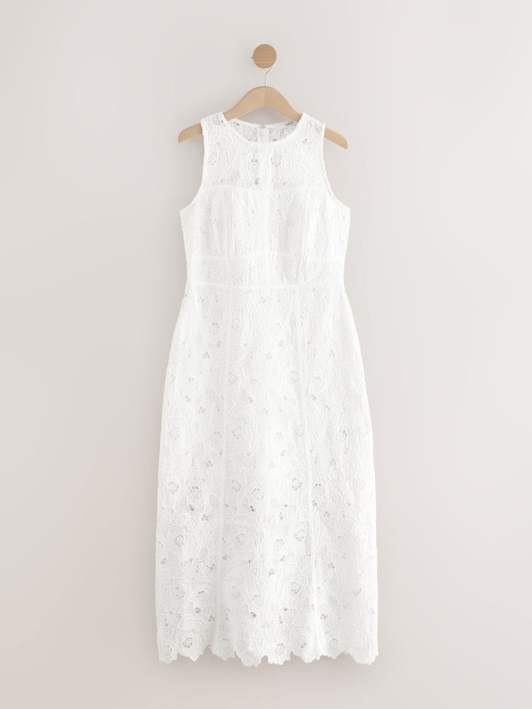White Sleeveless Lace Midi Corset Detail Dress - Image 1 of 3