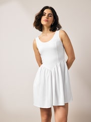 White Sleeveless Scoop Neck Waisted Mini Dress with Linen - Image 1 of 9