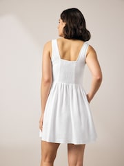 White Sleeveless Scoop Neck Waisted Mini Dress with Linen - Image 2 of 9