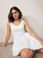 White Sleeveless Scoop Neck Waisted Mini Dress with Linen - Image 3 of 9