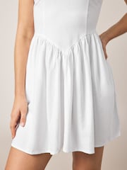 White Sleeveless Scoop Neck Waisted Mini Dress with Linen - Image 5 of 9