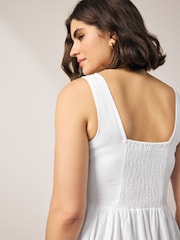 White Sleeveless Scoop Neck Waisted Mini Dress with Linen - Image 6 of 9