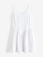 White Sleeveless Scoop Neck Waisted Mini Dress with Linen - Image 7 of 9