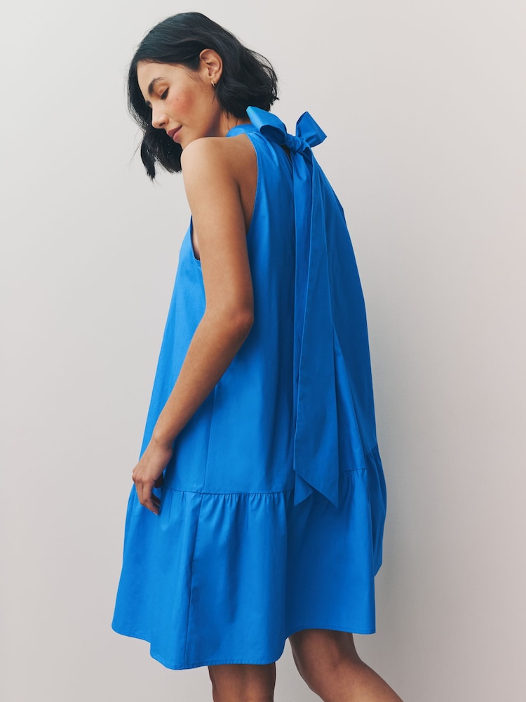 Bleu - Robe courte à volants 100% coton à col noué et sans manches - Image 3 of 7