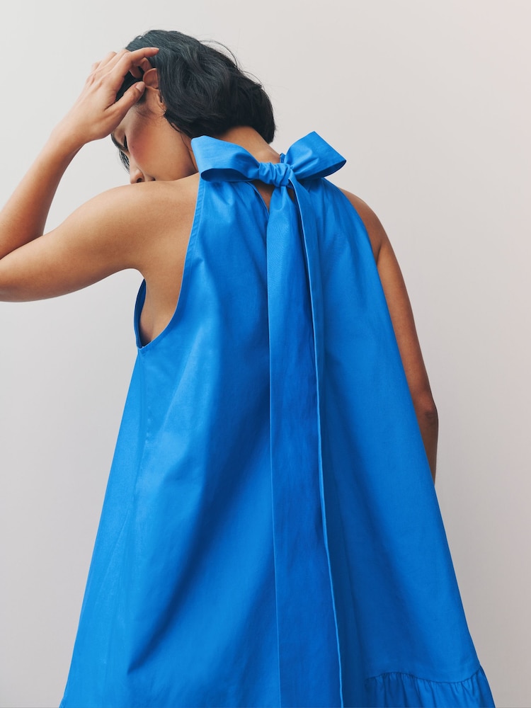 Bleu - Robe courte à volants 100% coton à col noué et sans manches - Image 4 of 7