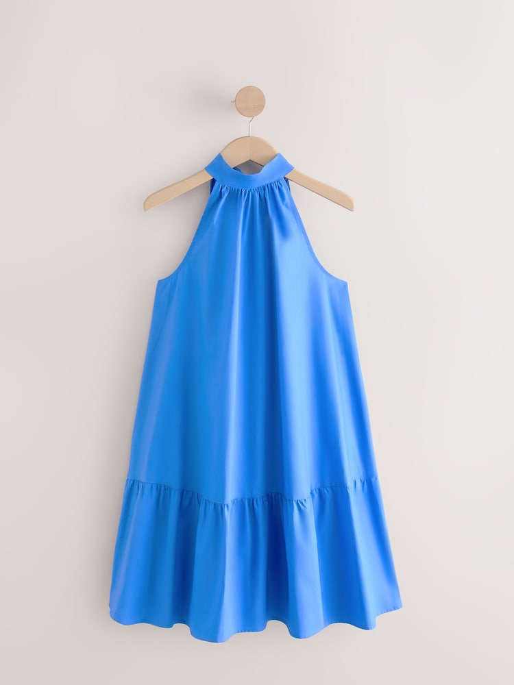 Bleu - Robe courte à volants 100% coton à col noué et sans manches - Image 5 of 7