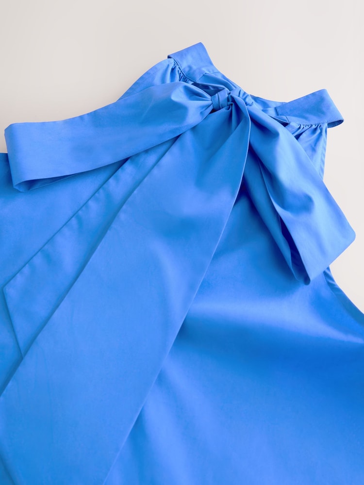 Bleu - Robe courte à volants 100% coton à col noué et sans manches - Image 6 of 7