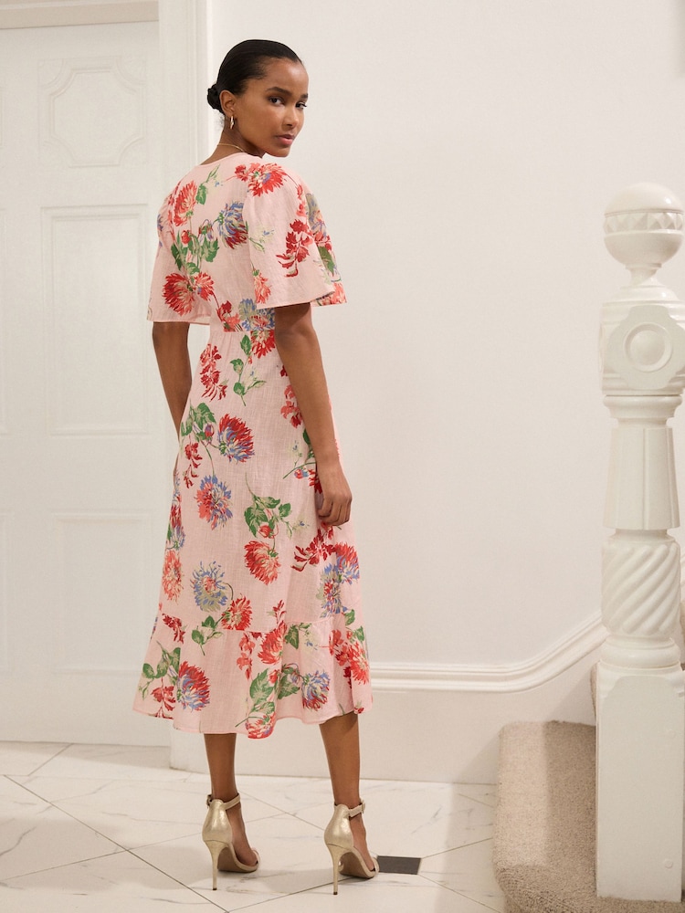 Pastel Pink Floral Print Flutter Sleeve Wrap Midi Dress - Image 3 of 8