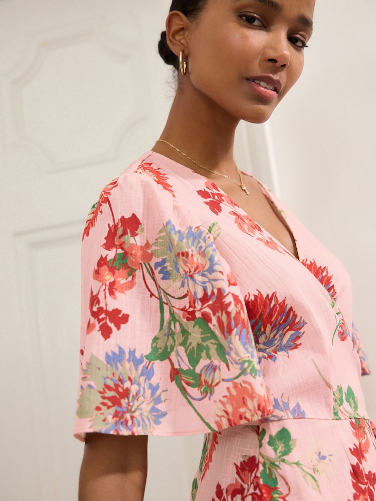 Pastel Pink Floral Print Flutter Sleeve Wrap Midi Dress - Image 4 of 8