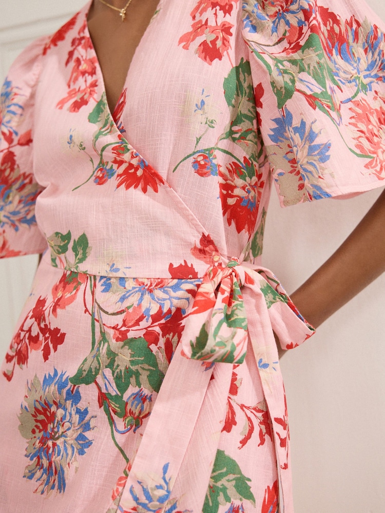 Pastel Pink Floral Print Flutter Sleeve Wrap Midi Dress - Image 5 of 8