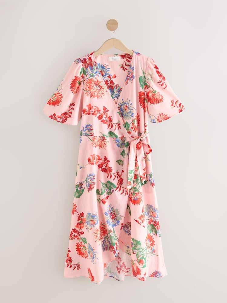 Pastel Pink Floral Print Flutter Sleeve Wrap Midi Dress - Image 6 of 8