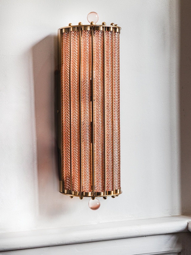 Rockett St George Pink/Brass Vintage Ribbed Glass Wall Light - Image 1 of 4 Rockett St George Pink/Brass Vintage Ribbed Glass Wall Light - Image 1 of 4