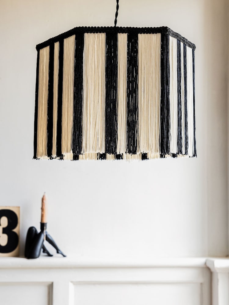 Rockett St George Black/White Easy Fit Striped Fringe Shade Ceiling Light - Image 1 of 4