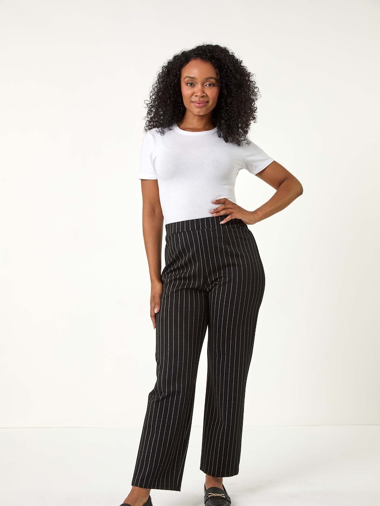 Roman Black Petite Stripe Print Stretch Trousers - Image 1 of 5 Roman Black Petite Stripe Print Stretch Trousers - Image 1 of 5