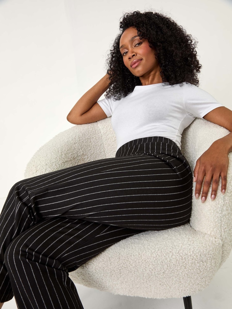 Roman Black Petite Stripe Print Stretch Trousers - Image 2 of 5
